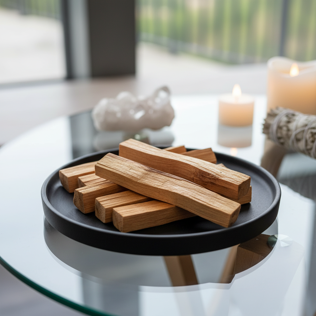 A highly detailed, photorealistic image of a set of 10-12 Palo Santo smudge sticks arranged on a sleek, matte black ceramic dish, placed on a modern, minimalist glass tabletop. The scene is lit with soft, diffused daylight from a nearby large window, empha