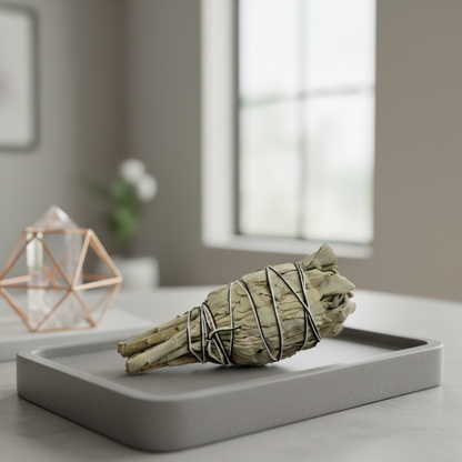 A highly detailed, photorealistic close-up shot of a California White Sage Smudge Stick, 4 inches long, resting on a sleek, modern stone tray within a contemporary metaphysical home setting. Softbox lighting highlights the natural, fibrous texture of the s