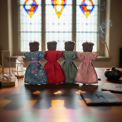 A meticulously crafted brown skin voodoo doll placed on a sleek, dark wooden altar within a contemporary, mystical home setting. Soft diffused daylight filters through large stained glass windows, casting colorful reflections across the scene. The doll is 