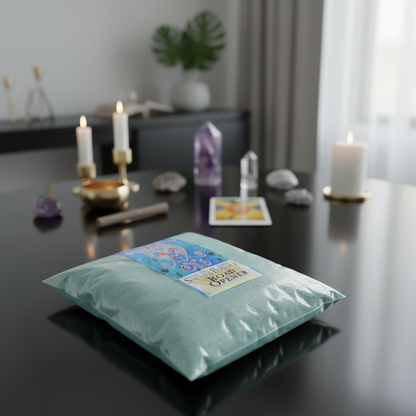 A close-up shot of a 1 lb packet of Road Opener Sachet Powder, placed on a sleek, reflective black surface in a modern, minimalist metaphysical home setting. The scene features softbox studio lighting that softly highlights the textured, earthy appearance 