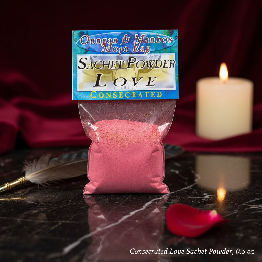 Capture a luxurious, high-definition close-up of the 'Consecrated Love Sachet Powder, 0.5 oz' elegantly presented on a reflective black marble surface, illuminated by softbox studio lighting that highlights its fine, silky texture and subtle golden shimmer