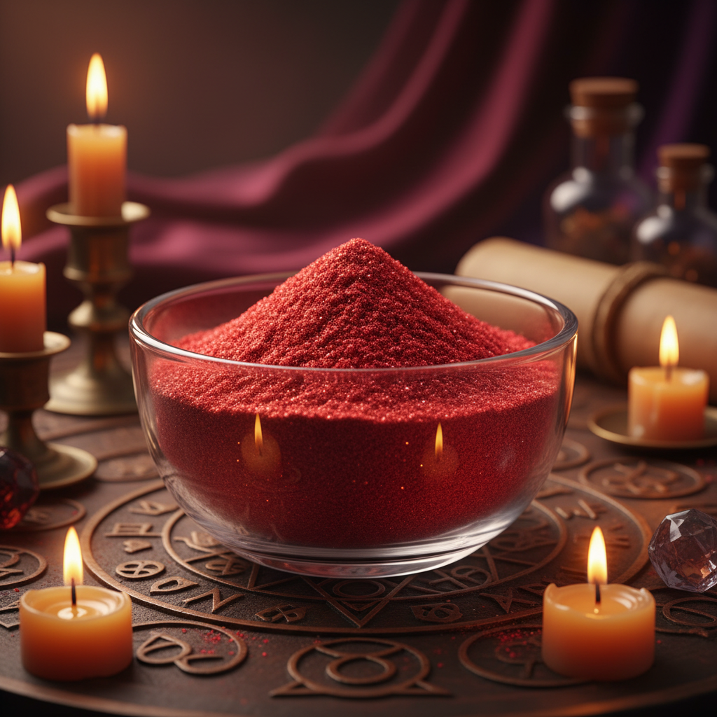 Create a striking macro shot of the "Fire of Love Sachet Powder, 1 lb" in a mystical, enchanted studio setting. Use softbox lighting to highlight the rich, fiery red and deep crimson hues of the powder, emphasizing its fine, velvety texture and shimmering 