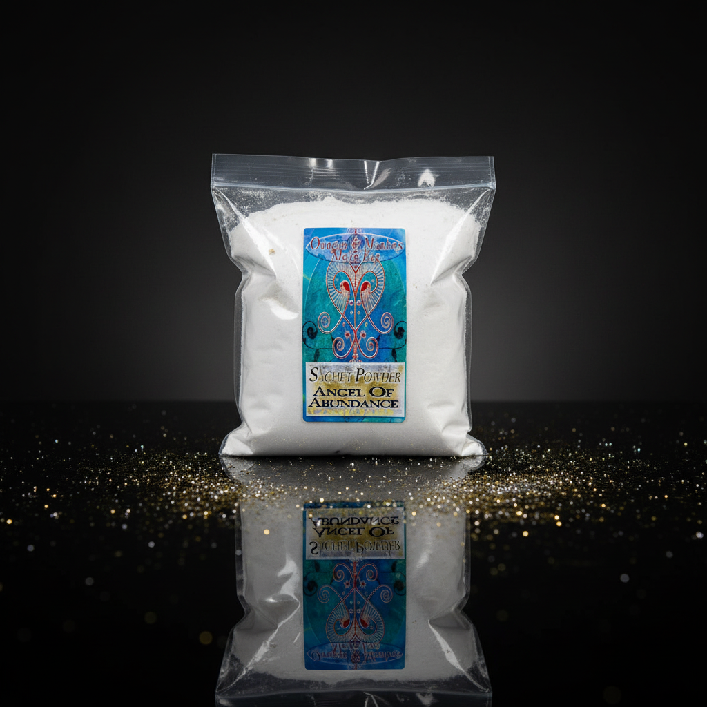 Create a high-resolution, studio-lit image of the 'Angel of Abundance Sachet Powder, 1 lb' prominently displayed on a sleek, reflective surface within a professional photography setup. Use softbox lighting to evenly illuminate the product, highlighting its