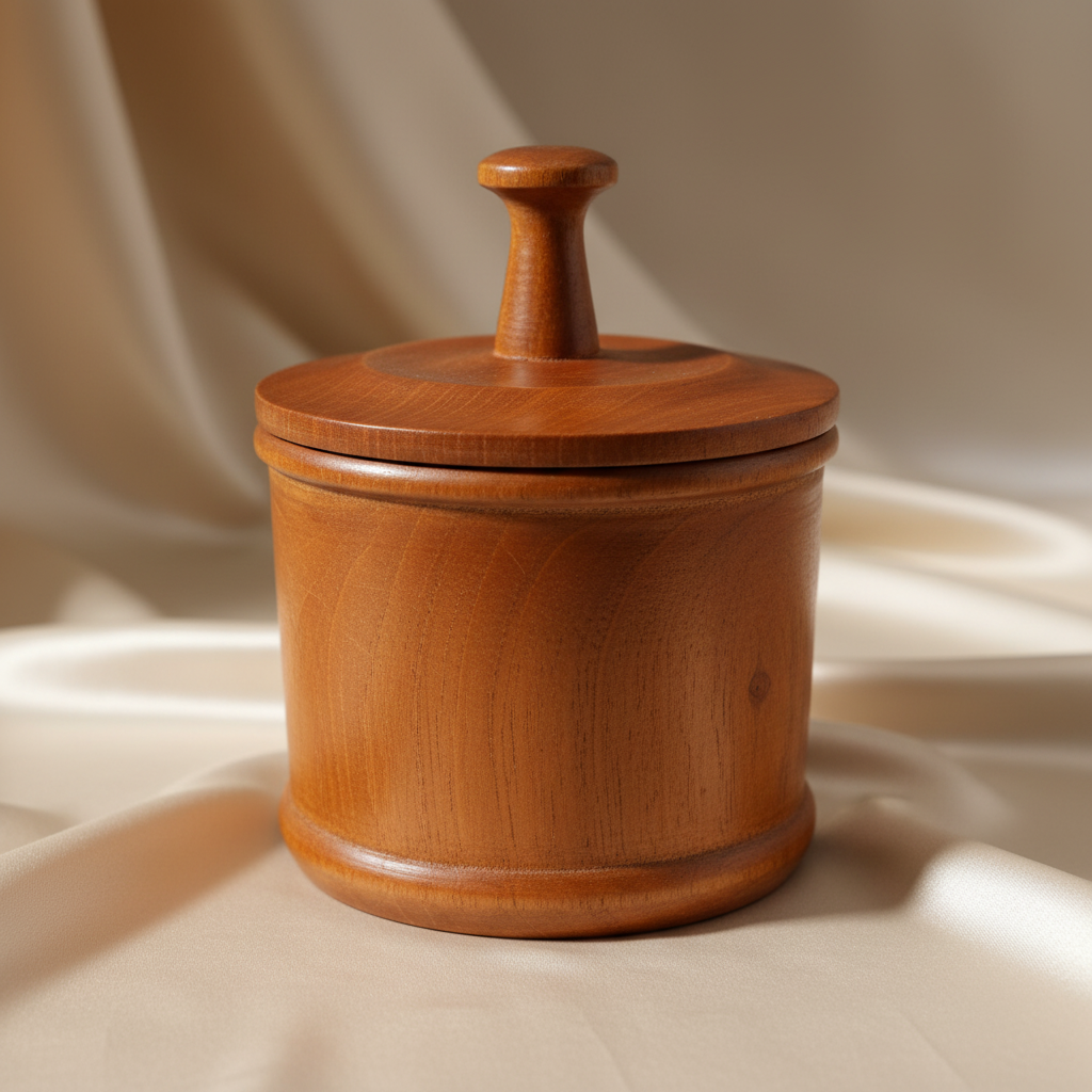 Capture a close-up, highly detailed shot of the 'Wooden Bowl for Orula, 4''' in a professional studio setting using a softbox lighting setup to highlight its rich, textured wood grain and handcrafted intricacies. The camera is positioned at a 45-degree ang