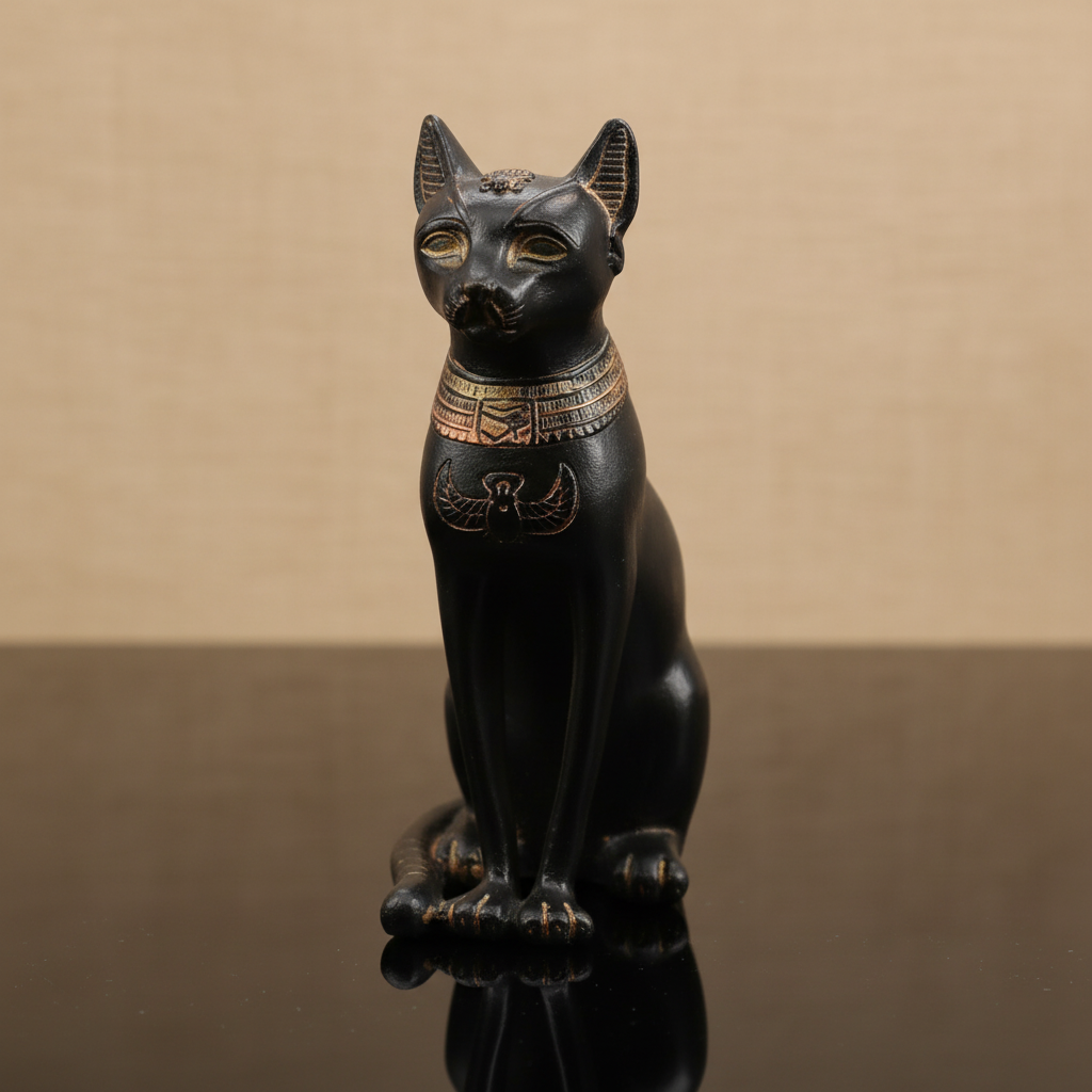 High-resolution studio shot of the 'Bastet 5 1/2"' statue, captured with a softbox lighting setup to highlight the delicate enamel details and smooth cold cast resin surface. Camera positioned at a slight low angle to emphasize the statue's elegant posture