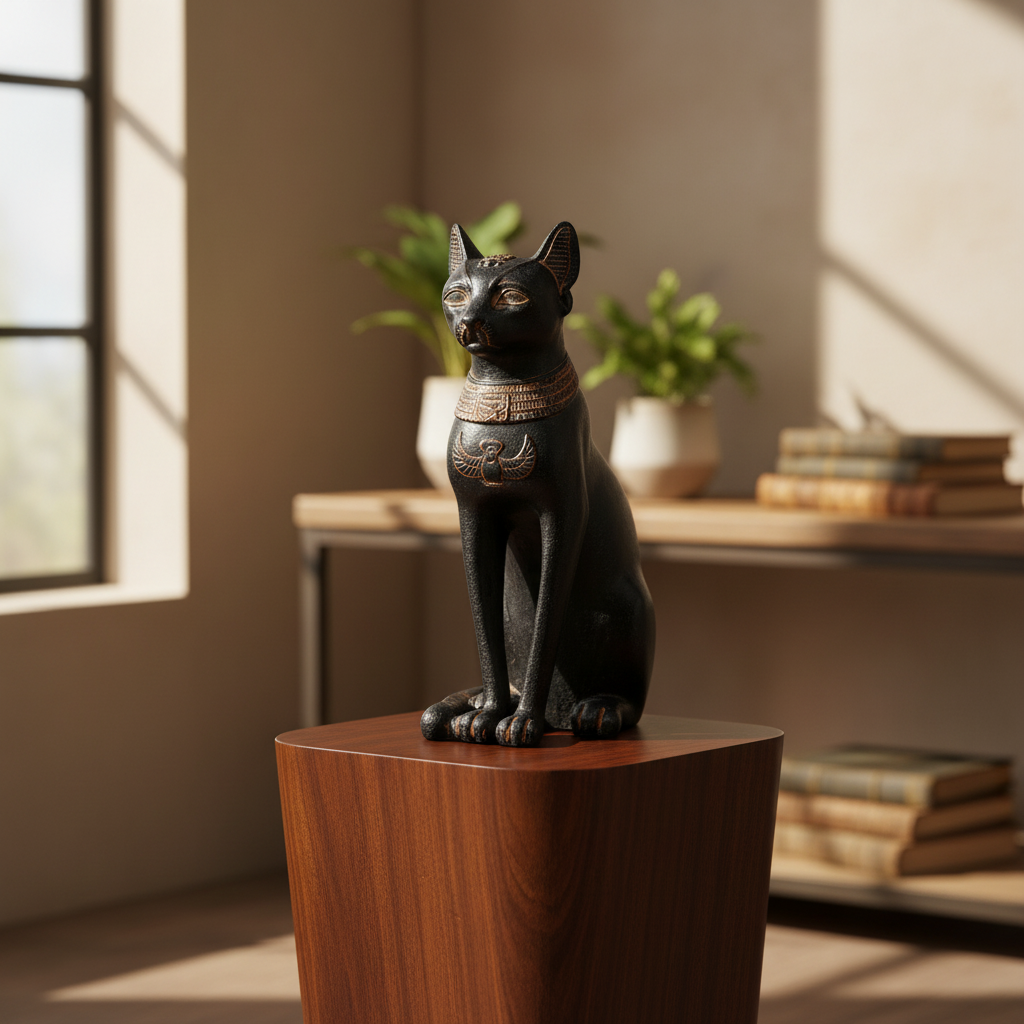 Elegant lifestyle scene featuring the 'Bastet 5 1/2"' statue placed atop a polished wooden pedestal in a softly lit room, illuminated by diffused daylight filling the space with a warm, inviting glow. Taken from a slightly elevated angle with a 70mm lens t