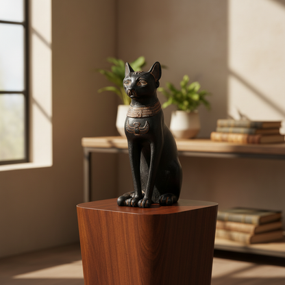 Elegant lifestyle scene featuring the 'Bastet 5 1/2"' statue placed atop a polished wooden pedestal in a softly lit room, illuminated by diffused daylight filling the space with a warm, inviting glow. Taken from a slightly elevated angle with a 70mm lens t