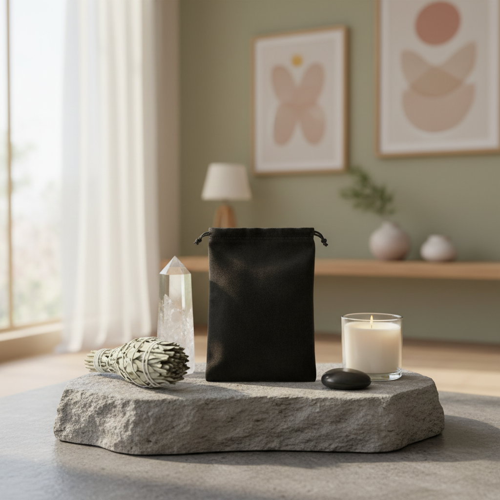 A lifestyle composition capturing a Black Velveteen Pouch (5 x 7 inches) elegantly resting on a natural stone altar in a contemporary, zen-inspired home. The scene is illuminated with diffused daylight through a large window, giving a warm, inviting glow. 