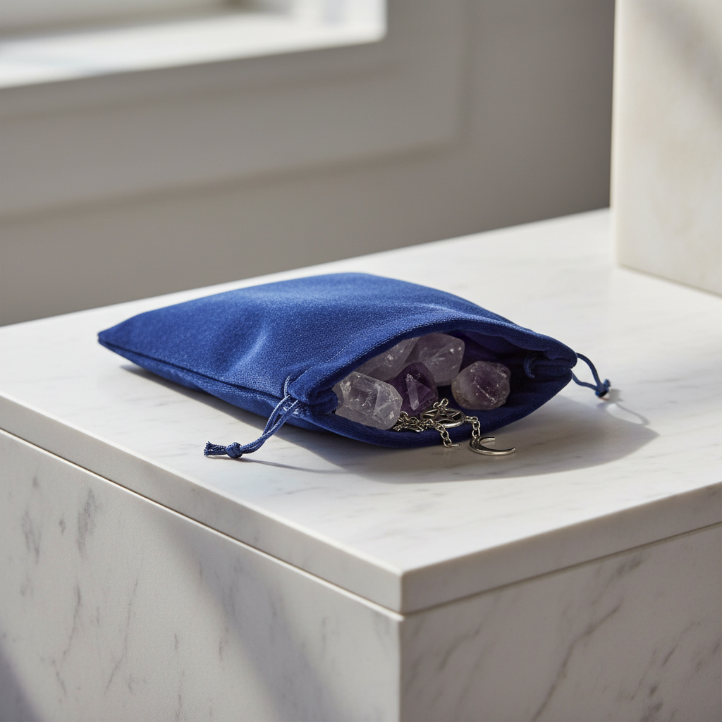 A close-up shot of a 5 x 7 inches blue velveteen bag, mounted on a minimalist, modern altar with soft diffused daylight illuminating the scene. The bag is slightly open, revealing glimpses of polished crystals and small charms inside, their facets catching
