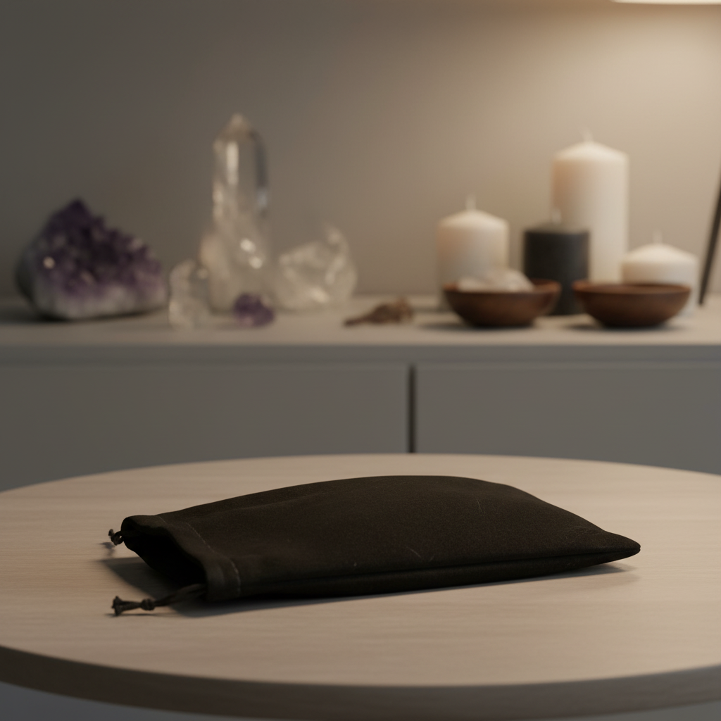 A studio shot in a modern apartment with warm, diffused lighting highlighting the black velveteen bag resting on a neutral-toned wooden table. The composition captures the bag from a slightly elevated angle, showcasing its compact size (4 x 5.5 inches) and
