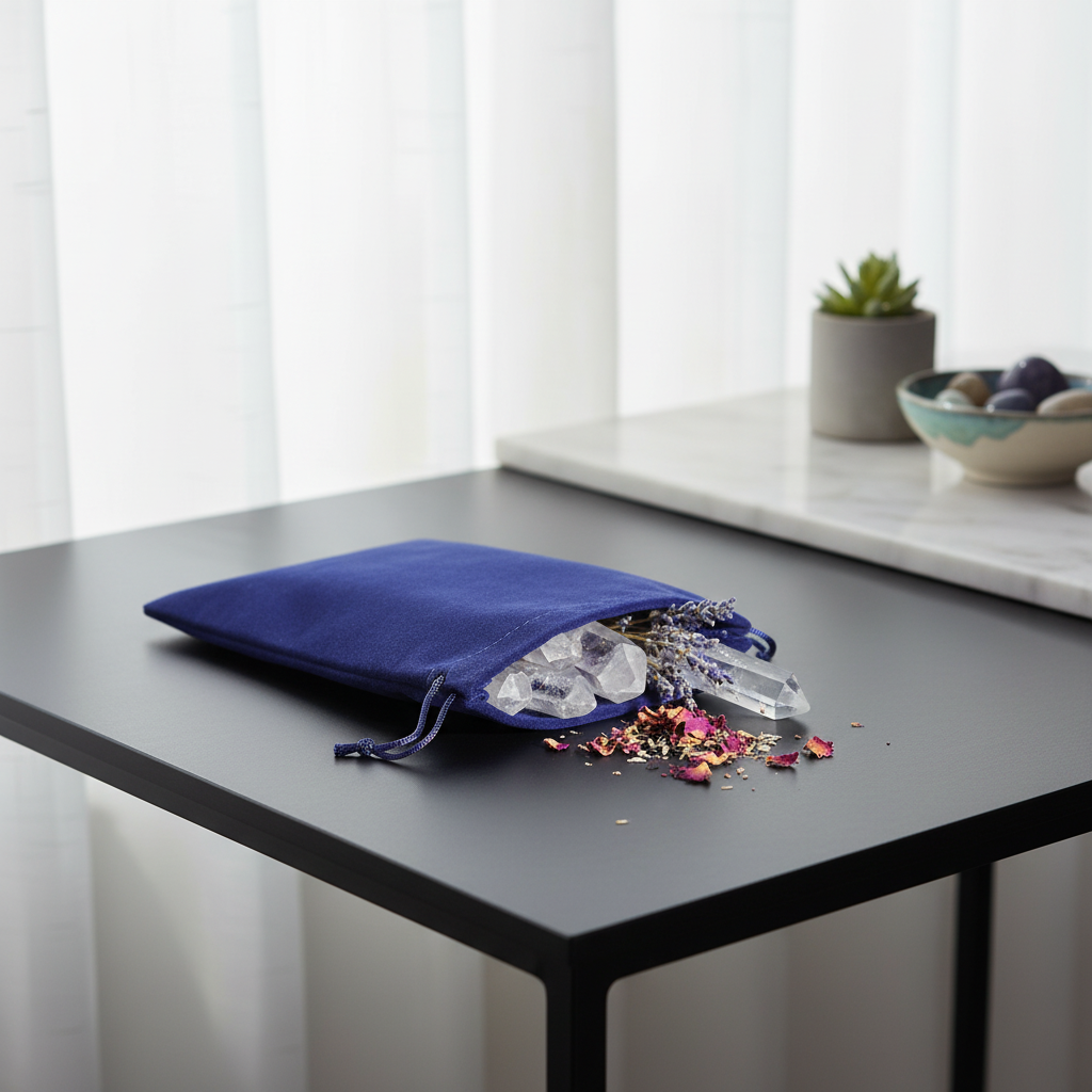 A close-up shot of the Blue Velveteen Bag resting softly on a sleek, matte black surface in a contemporary, minimalist room with natural daylight filtering through sheer white curtains. The bag is slightly open, revealing shimmering crystal points and spel