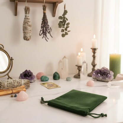 A dynamic lifestyle scene inside a bright, modern metaphysical home with natural diffused daylight. The Green Velveteen Bag, 3 x 4 inches, rests delicately on a white marble surface, with a softly blurred background of a cozy altar space decorated with cry