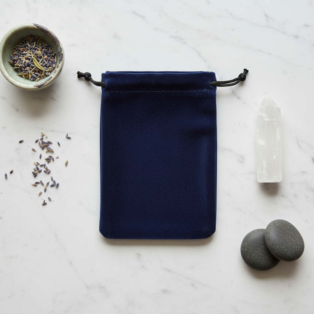 A styled flat lay of the Blue Velveteen Bag, measuring 3 x 4 inches, resting on a matte marble surface within a contemporary personal sacred space. The scene is lit with softbox lighting to evenly diffuse gentle light across the fabric, emphasizing its vel