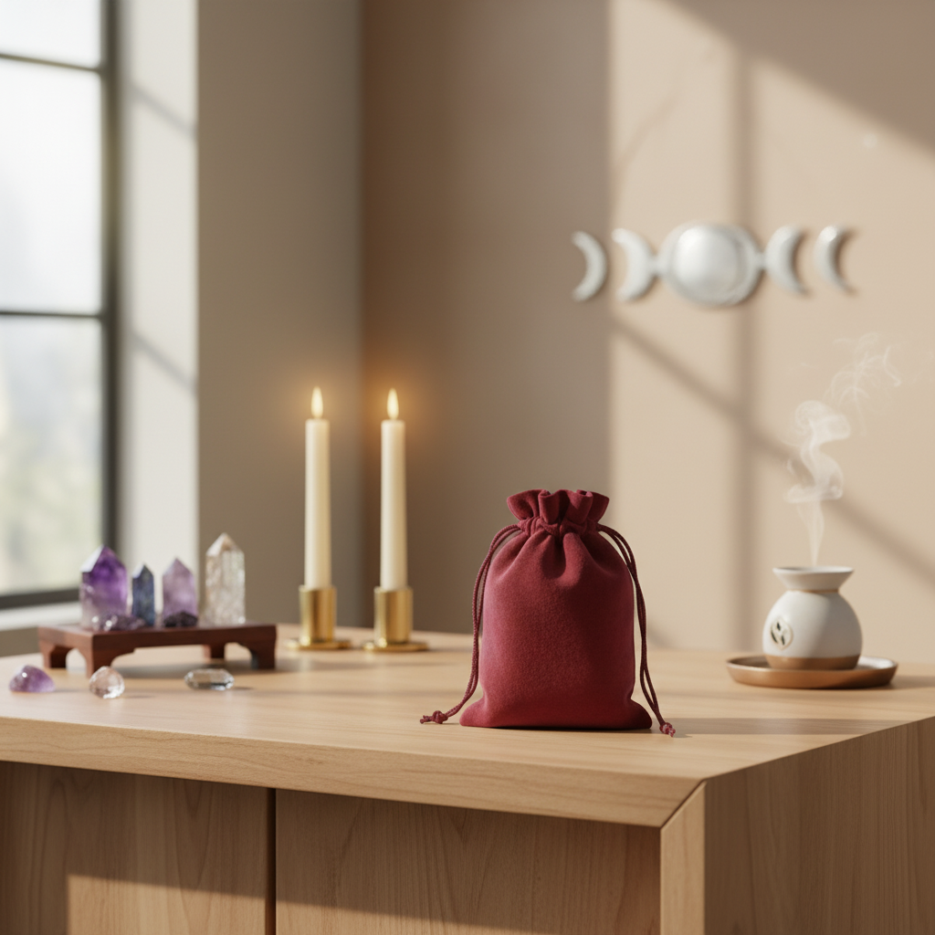 A lifestyle scene within a contemporary, zen-inspired home environment, showcasing the Burgundy Velveteen Bag positioned on a wooden altar or side table. Natural diffused daylight fills the scene, supplemented by HDR studio lighting to accentuate the bag's