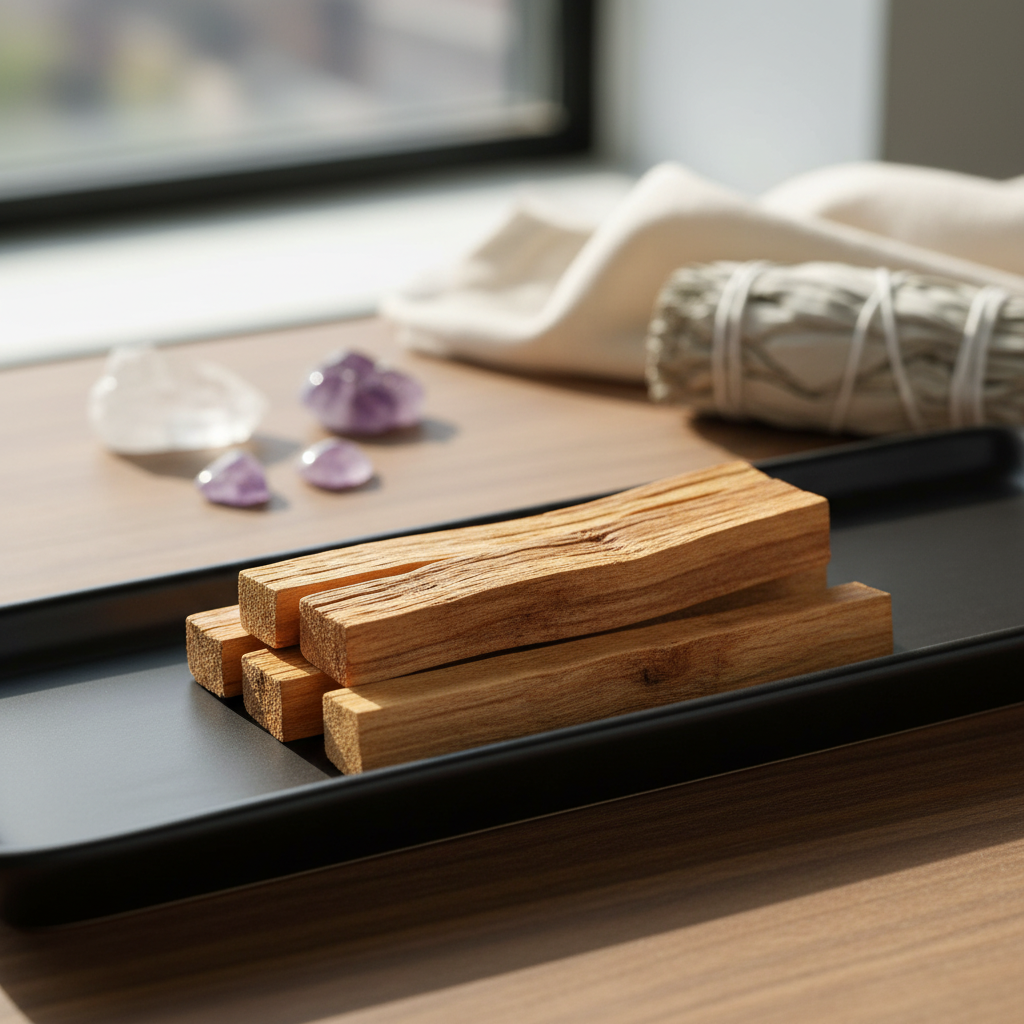 A close-up shot of a bundle of Palo Santo smudge sticks arranged on a sleek, matte black ceramic tray within a modern, minimalist spiritual altar setup. The scene features soft diffused daylight streaming through a large window, creating gentle shadows and
