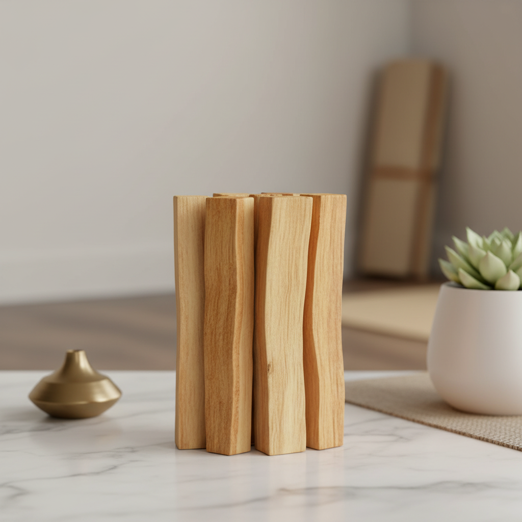 A styled lifestyle scene inside a contemporary, peaceful meditation space featuring a bundle of Palo Santo smudge sticks standing upright on a white marble countertop. Professional softbox lighting casts a balanced, warm glow over the 2oz, 3-4 inch sticks,