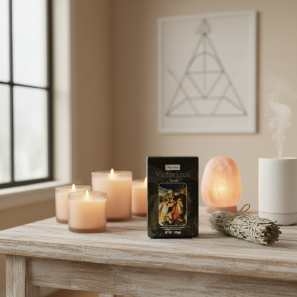 A lifestyle scene inside a contemporary metaphysical living space featuring the Victorious Soap by Ohli-Way, positioned on a wooden altar table beside soy candles, sage smudge sticks, and a small, flickering salt lamp. The scene is shot from a slightly ele