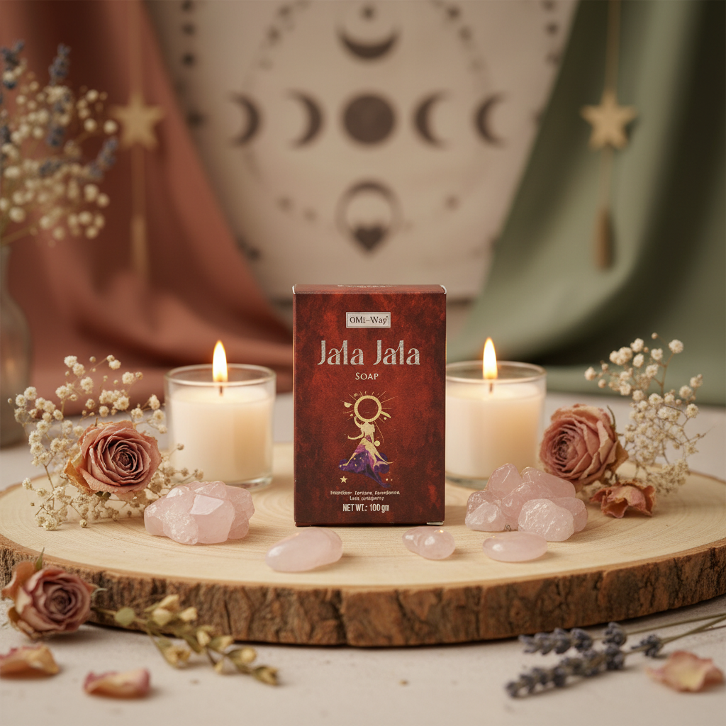 Create an atmospheric lifestyle scene featuring the 'Jala Jala Soap by Ohli-Way, 100gm' placed on a beautifully arranged natural wooden tray, surrounded by shimmering rose quartz crystals, dried flowers, and soft candlelight. Use HDR studio lighting with d