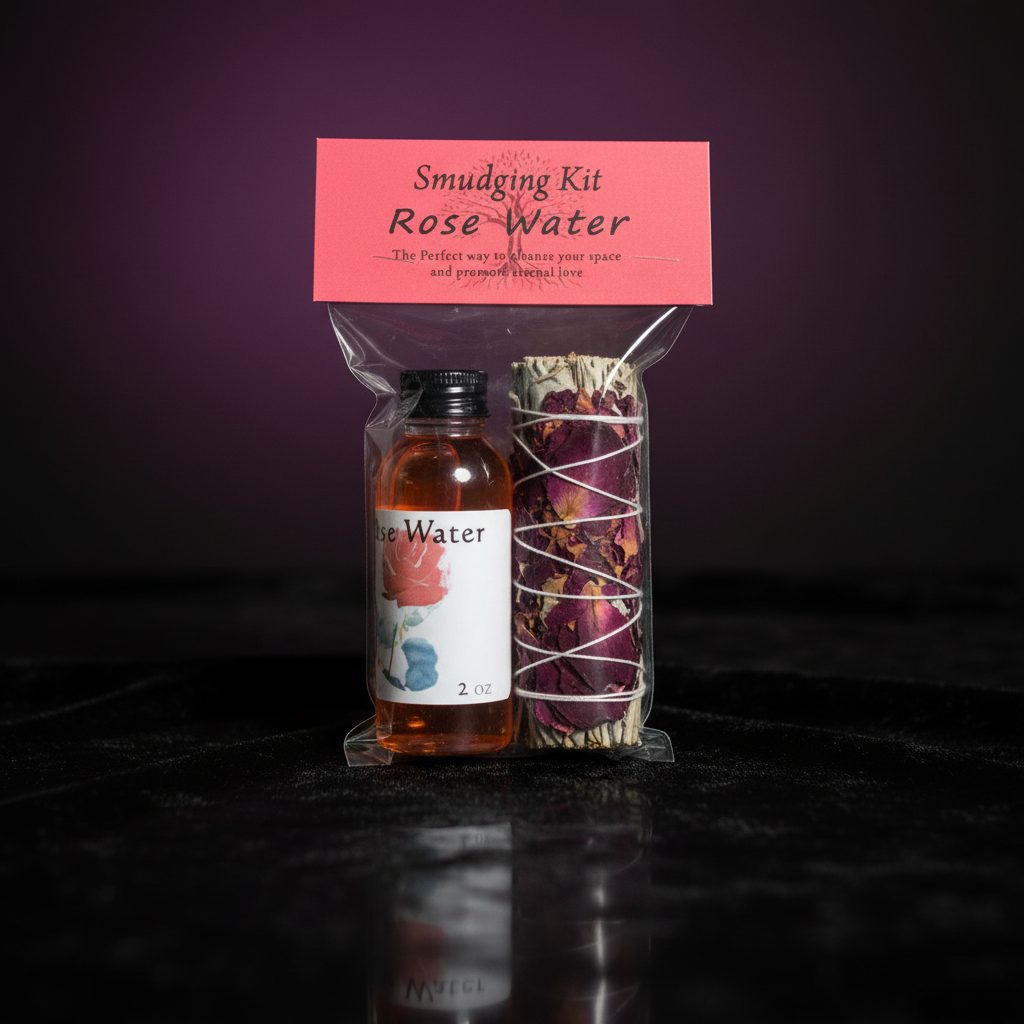A high-resolution macro shot of the 'Rose Smudge Kit, Set of 2oz' featuring two elegantly crafted rose-scented smudge sticks resting on a reflective black velvet cloth, captured with a softbox lighting setup. The scene is lit with diffused daylight, highli