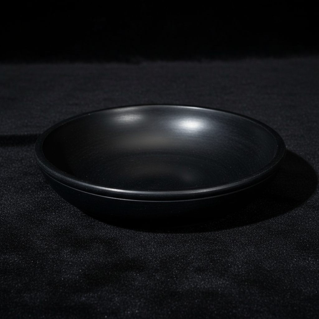 A high-resolution studio shot of the Black Stone Scrying Bowl, 6 Inch, positioned centrally on a sleek, dark velvet cloth backdrop to emphasize its matte black, slightly textured surface. The scene is illuminated with softbox lighting to create gentle, eve