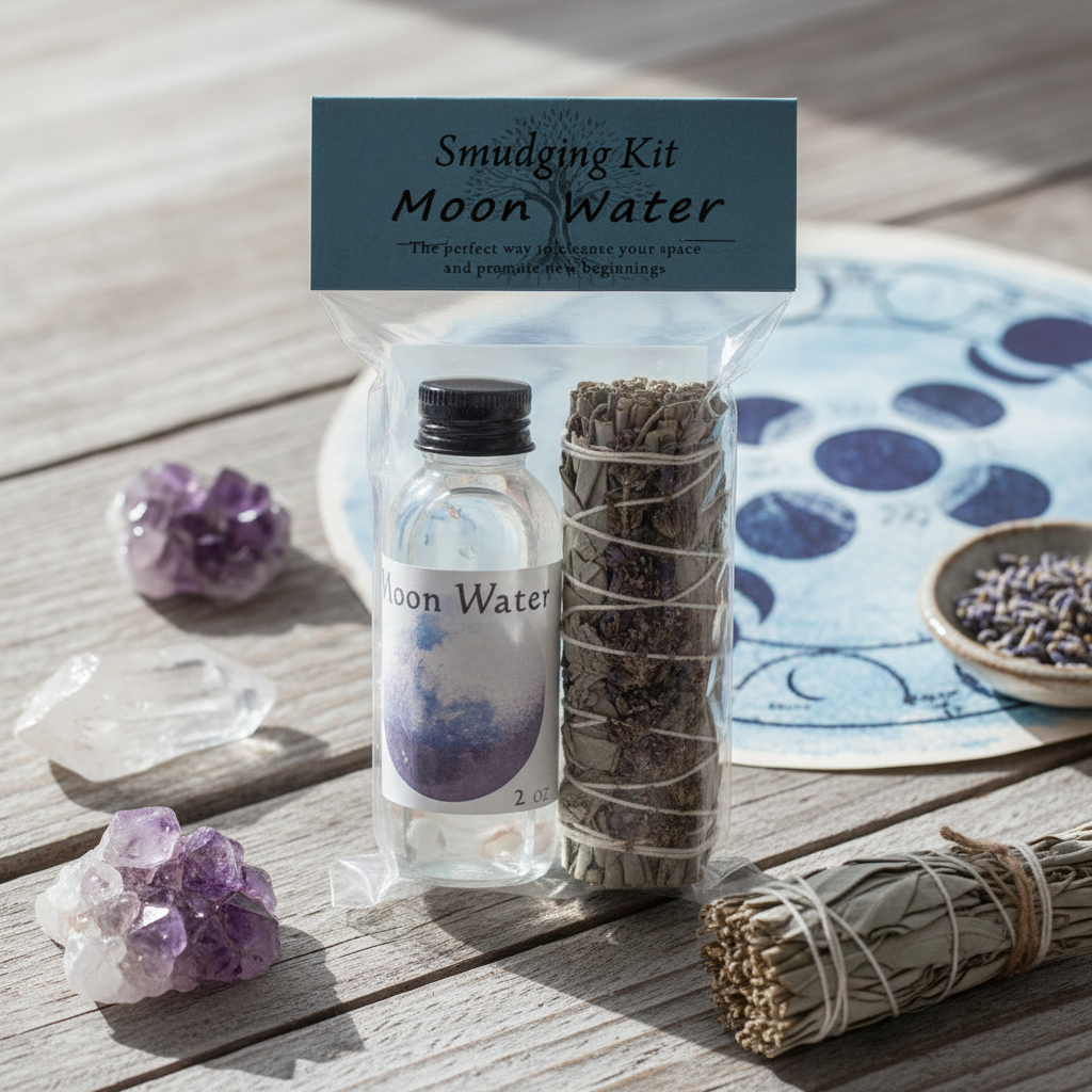 Visualize a serene, mystical scene featuring the Moon Smudge Kit with 2oz Moon Water set on a natural wooden surface, with a soft, diffused daylight studio lighting setup. Use a close-up, macro shot at 85mm to highlight the detailed craftwork, textures of 