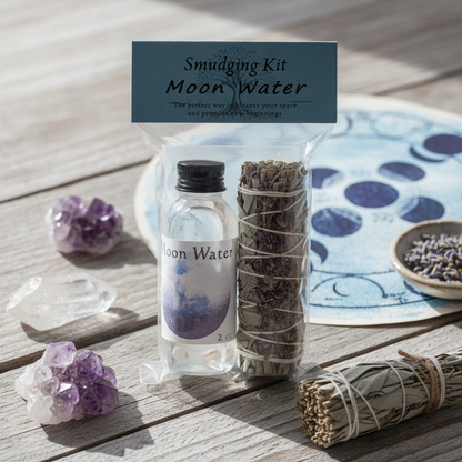 Visualize a serene, mystical scene featuring the Moon Smudge Kit with 2oz Moon Water set on a natural wooden surface, with a soft, diffused daylight studio lighting setup. Use a close-up, macro shot at 85mm to highlight the detailed craftwork, textures of 