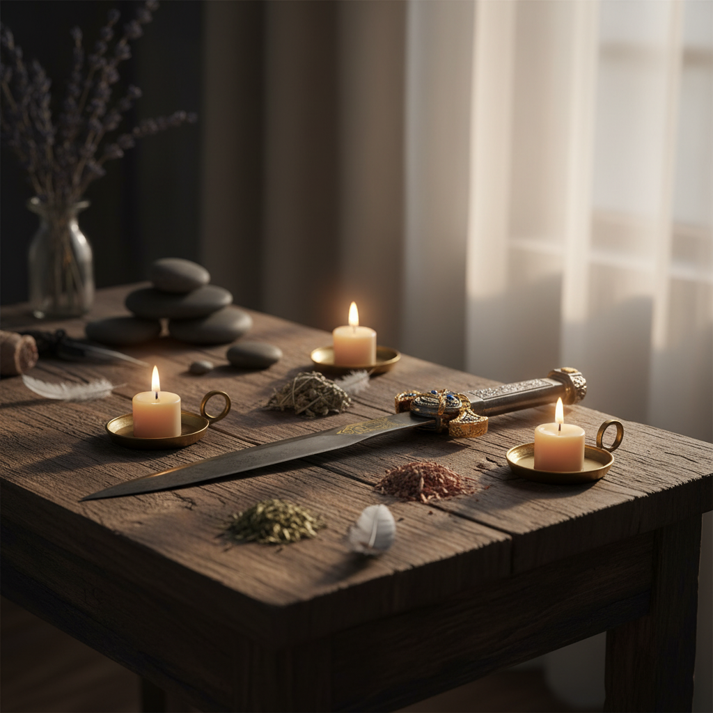 A dramatic lifestyle setting featuring the Ritual Nile Sword Dagger resting on a weathered wooden altar with softly glowing candles around it. Natural diffused daylight filtering through a sheer curtain provides ambient lighting, enhancing the warm, ancien