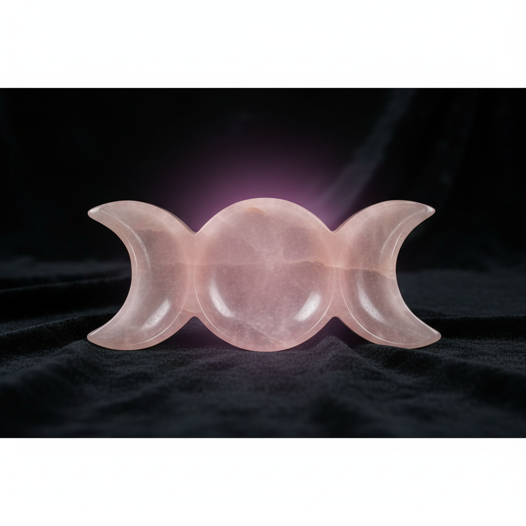 Create a highly detailed, cinematic studio shot of the Pink Calcite Triple Moon Offering Plate, 7-inch, placed on a mystical, dark velvet cloth backdrop. Use softbox lighting to gently illuminate the carved triple moon design, emphasizing the smooth, polis