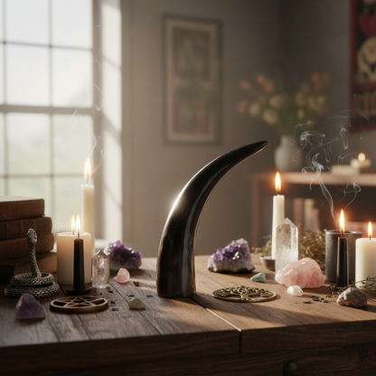 A dramatic lifestyle scene featuring the 'Polished Cattle Horn End, 9"' displayed upright on a vintage wooden altar, surrounded by ritual candles, crystals, and sacred symbols. This shot utilizes a diffused daylight environment, mimicking natural sunlight 