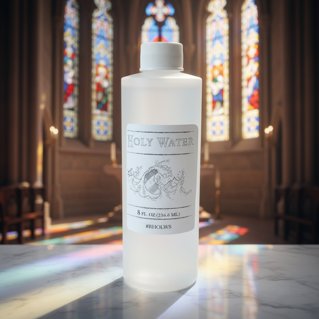 A highly detailed, cinematic close-up of a clear, elegant glass bottle labeled 'Holy Water, 8 Fluid Ounces' placed prominently on a pristine marble surface. The scene is lit with softbox studio lighting that highlights the transparency and subtle reflectio