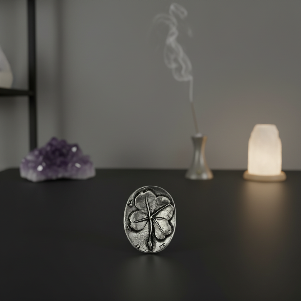 Pewter Good Luck Coin Clover Pocket Stone
