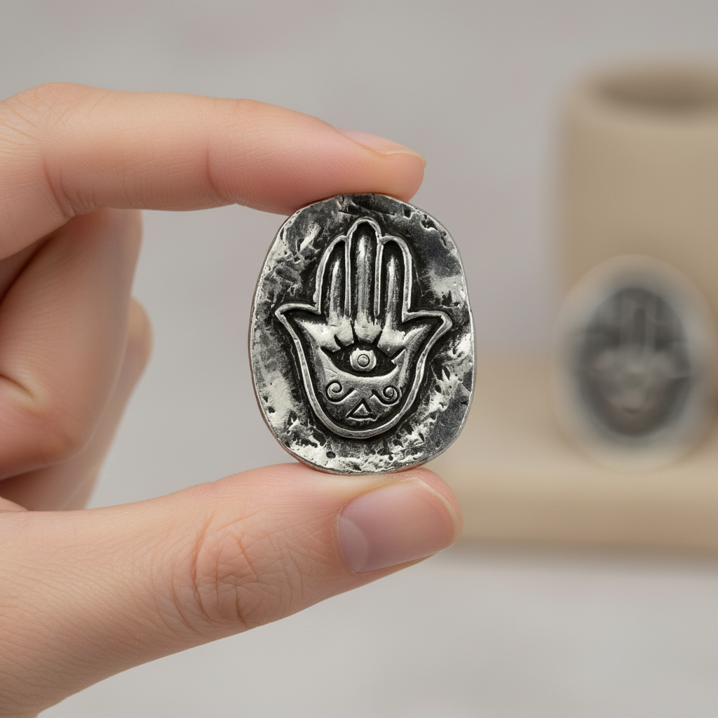 Hamsa Pewter Pocket Stone, 1" x 5/8"