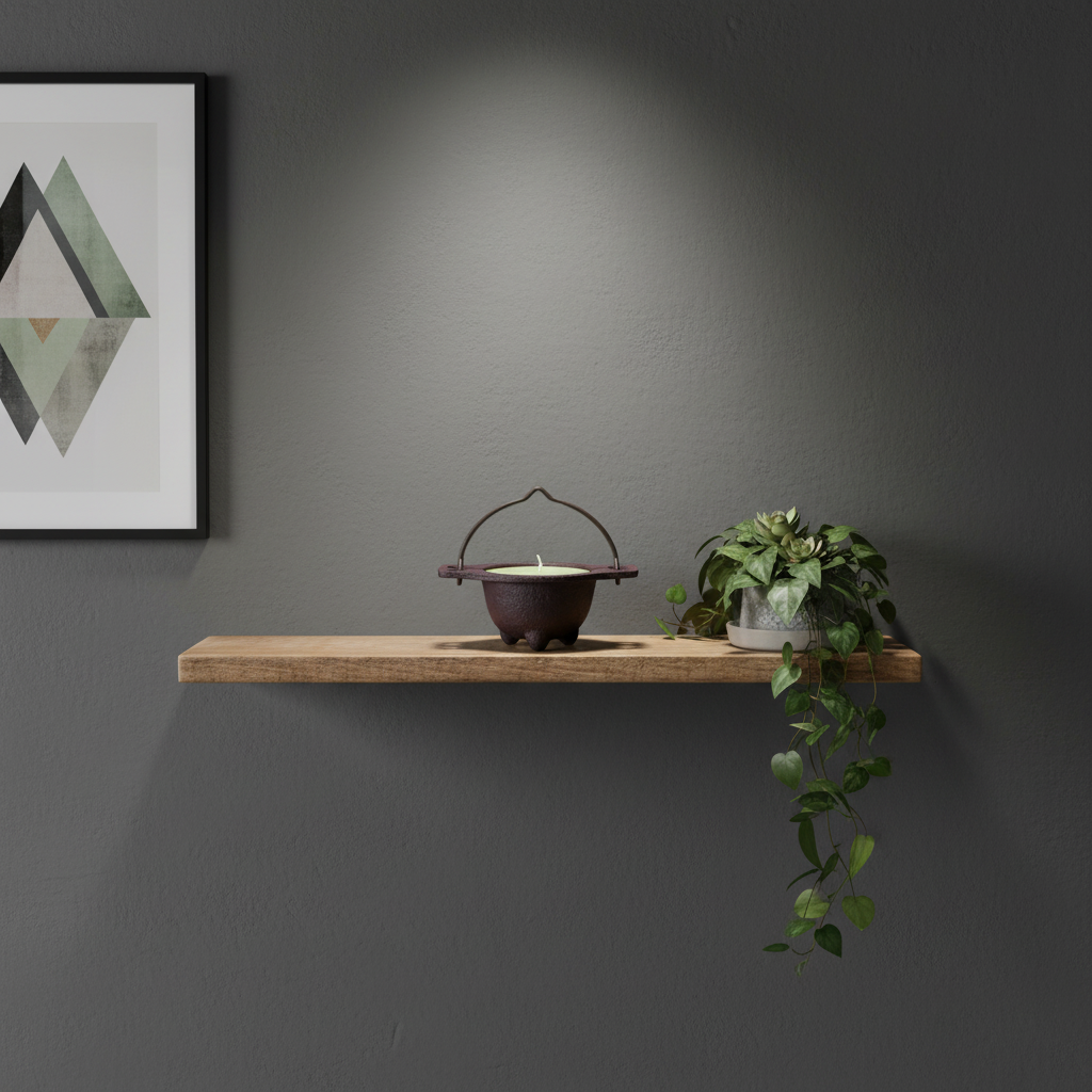 A wide-angle image of the Sage Candle in cauldron positioned on a floating wooden shelf against a textured, matte wall painted in deep charcoal gray. The scene uses ambient LED studio lighting with rim lights to accentuate the rustic cast iron surface's su