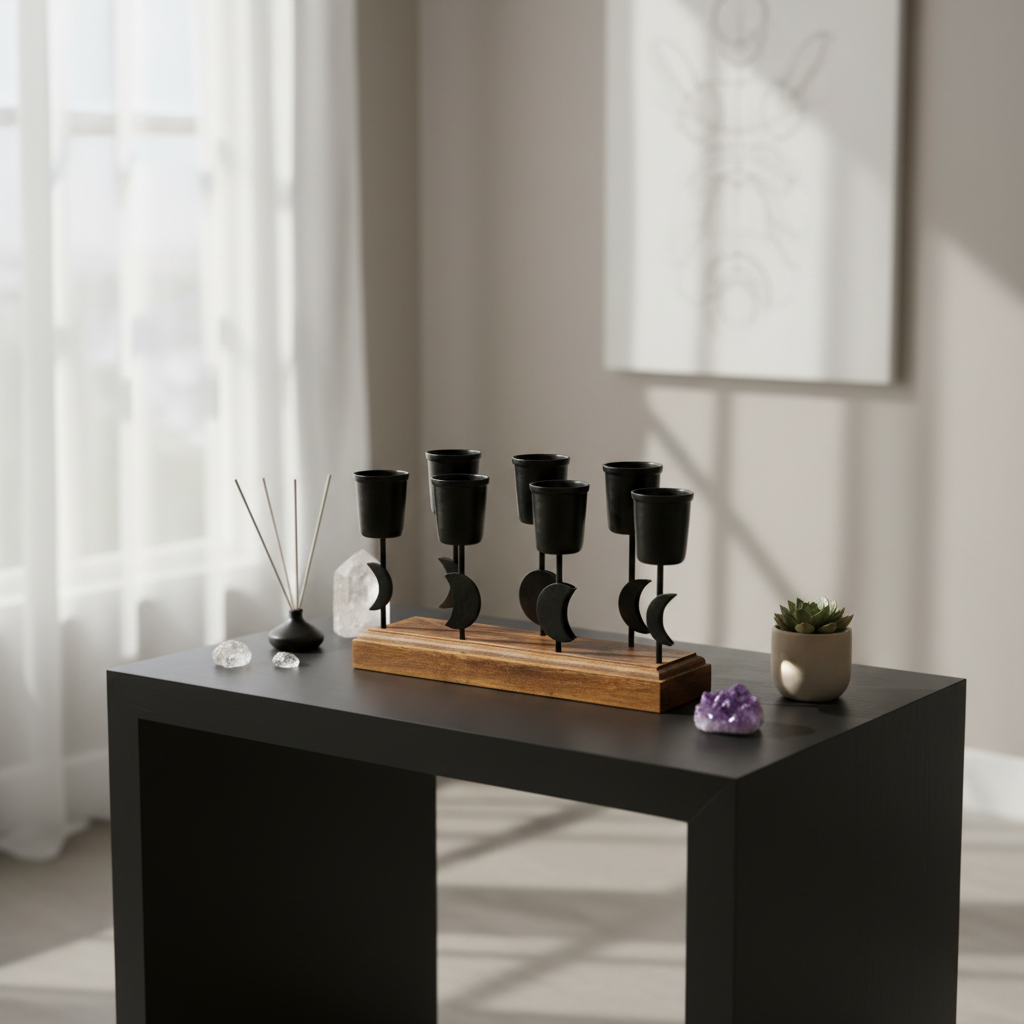 A serene, modern metaphysical home interior featuring the Moon Phases Holder prominently displayed on a minimalist altar table crafted from matte black wood. The scene is illuminated by soft, diffused daylight entering through a large, sheer-curtained wind