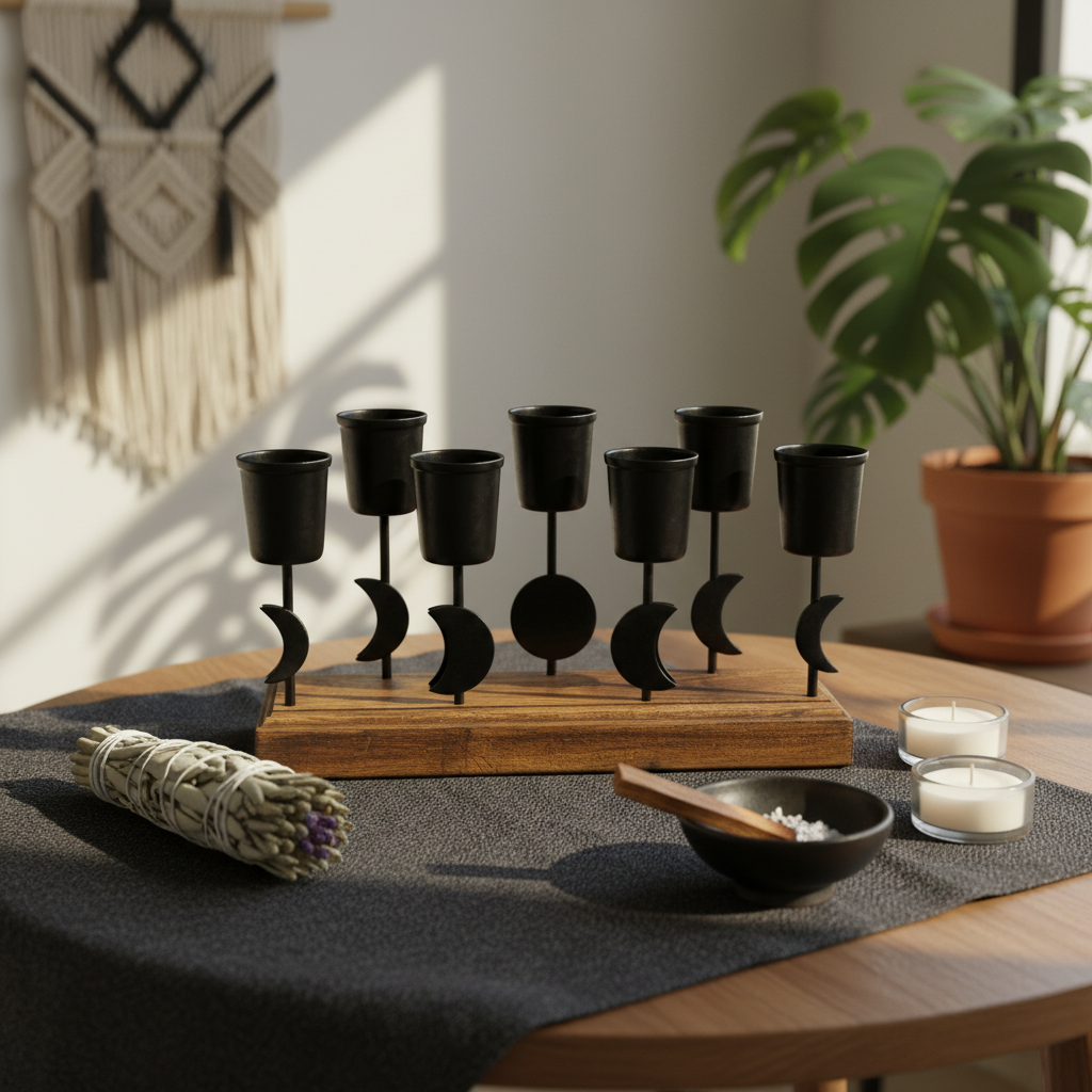 A cozy, contemporary home altar setting in a softly lit room with natural morning light pouring in. The Moon Phases Holder, 7.5 inches tall, is centered on an elegant wooden surface covered with a dark cloth. Surrounding it are ritual accessories: a smudgi