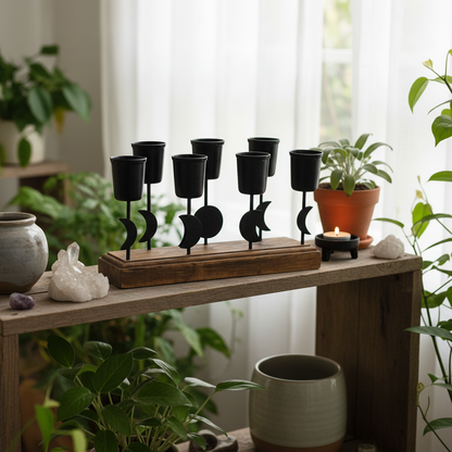 A tranquil, spiritual corner of a home showcasing the Moon Phases Holder on a rustic wooden shelf set within a lush indoor garden space. Natural daylight filters through sheer curtains, bathing the scene in a gentle, ambient glow. The holder, with its warm
