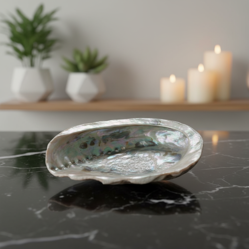 A close-up shot of the 4-inch abalone shell incense burner set on a sleek, reflective black marble surface in a modern, metaphysical home. Softbox lighting creates gentle highlights on the iridescent, shimmering surface of the shell, emphasizing its natura