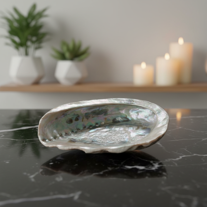 A close-up shot of the 4-inch abalone shell incense burner set on a sleek, reflective black marble surface in a modern, metaphysical home. Softbox lighting creates gentle highlights on the iridescent, shimmering surface of the shell, emphasizing its natura