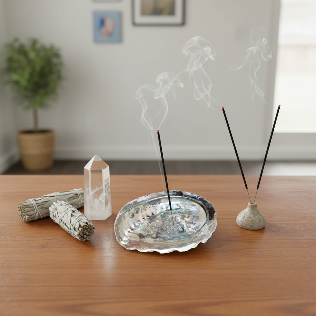 An overhead view of the abalone shell incense burner positioned on a warm-toned wooden altar within a minimalist, modern decor setting. The scene is illuminated with diffuse daylight HDR studio lights to highlight the luminous, shimmering interior of the s