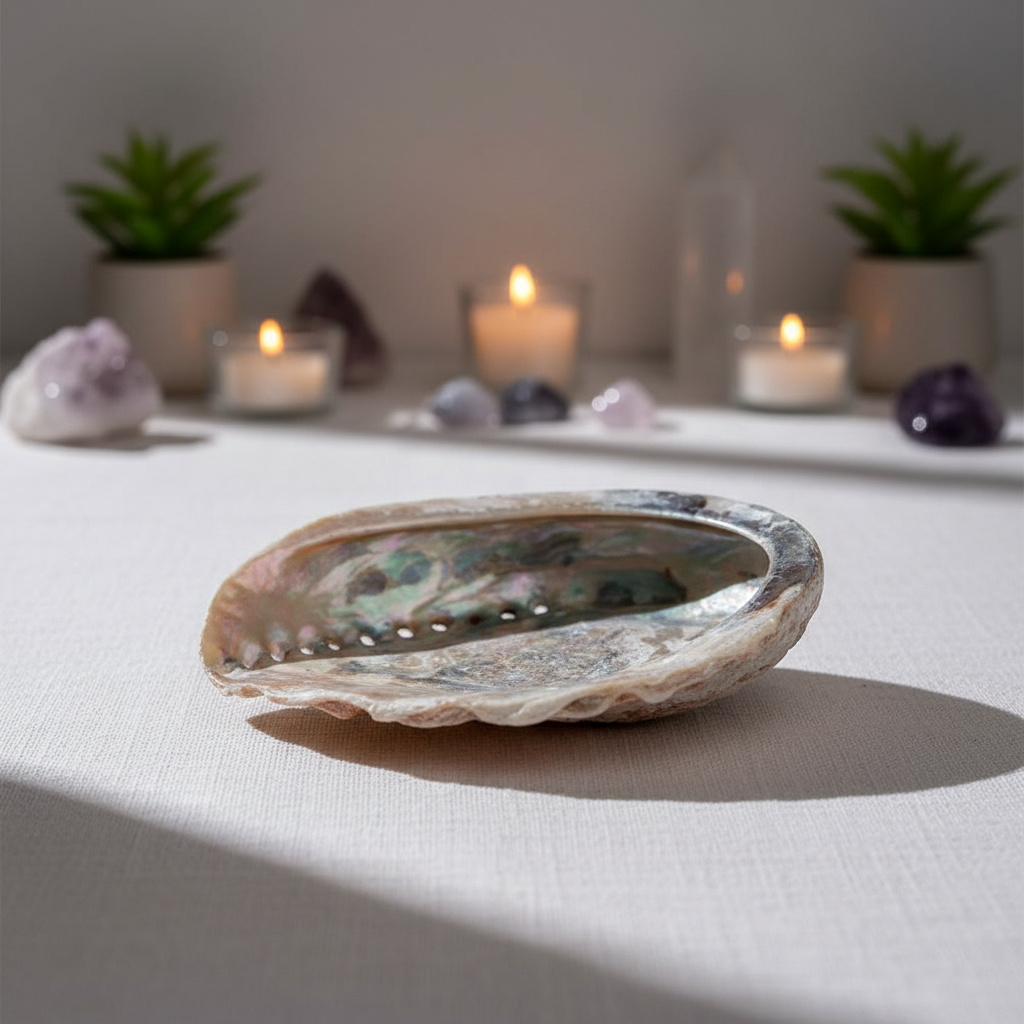 A side-angle shot of the abalone shell incense burner placed on a textured white linen cloth in an elegant, modern spiritual sanctuary. Rim lighting accentuates the iridescent interior and glossy exterior of the shell, casting gentle, elongated shadows tha