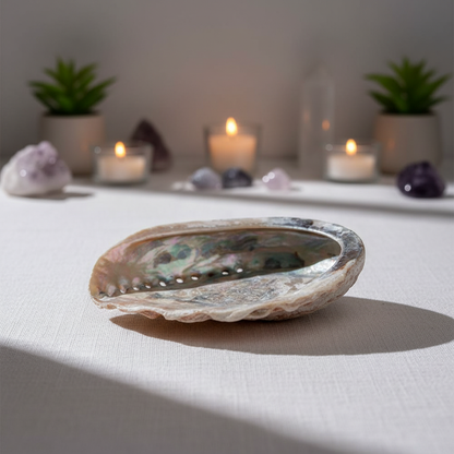 A side-angle shot of the abalone shell incense burner placed on a textured white linen cloth in an elegant, modern spiritual sanctuary. Rim lighting accentuates the iridescent interior and glossy exterior of the shell, casting gentle, elongated shadows tha