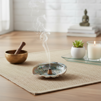 A staged lifestyle composition of the abalone shell incense burner integrated into a calm, Zen-inspired meditation space. The scene uses diffused natural light to enhance the organic shimmer and soft color transitions of the shell, placed prominently on a 