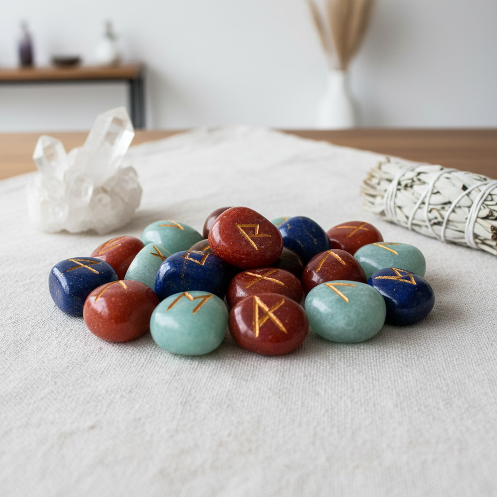 A cross-sectional view of the 7 Chakra Rune Set placed carefully on a textured linen cloth in a modern, metaphysical studio. The scene is illuminated with HDR studio lights that provide even, bright coverage, highlighting the polished surfaces and vivid co