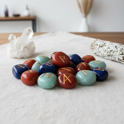 A cross-sectional view of the 7 Chakra Rune Set placed carefully on a textured linen cloth in a modern, metaphysical studio. The scene is illuminated with HDR studio lights that provide even, bright coverage, highlighting the polished surfaces and vivid co
