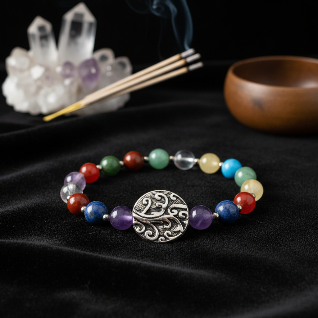 A close-up shot of the 7 Chakra Tree Bracelet with 8mm beads, laid on a sleek black velvet surface in a modern, metaphysical home setting. Softbox lighting highlights the vibrant colors of the chakra stones, with a shallow depth of field focusing sharply o