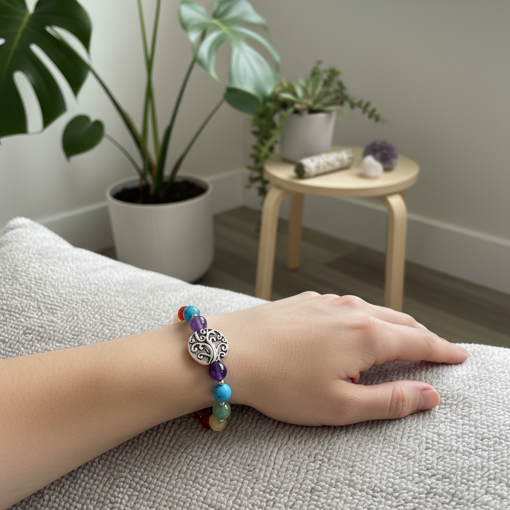 A lifestyle scene capturing the bracelet worn on a model’s wrist in a serene, minimalist yoga nook with natural elements like potted plants and wooden accents. HDR studio lighting creates a soft, even glow over the bracelet’s 8mm chakra beads, highlighting