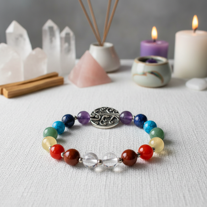 A macro shot of the 7 Chakra Tree Bracelet arranged on a smooth, matte white surface with subtle textured patterns. Rim lighting accentuates each bead’s rich hues and the intricate tree carvings, while the background features a blurred, ethereal metaphysic