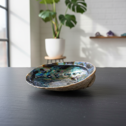 A highly detailed, close-up studio shot of the Abalone Shell Incense Burner, positioned on a sleek, dark matte surface in a modern, minimalist metaphysical home. The shell displays iridescent blues, greens, and purples, illuminated by soft diffused dayligh