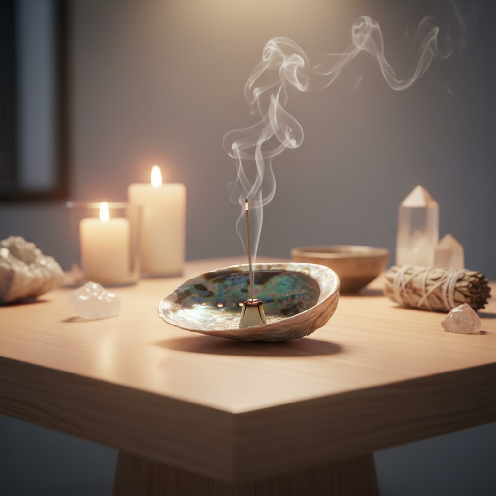 A wide-angle, cinematic scene inside a contemporary spiritual sanctuary, featuring the Abalone Shell Incense Burner prominently on a polished wooden altar. The setting is bathed in warm, ambient rim lighting that accentuates the shell's iridescence and nat