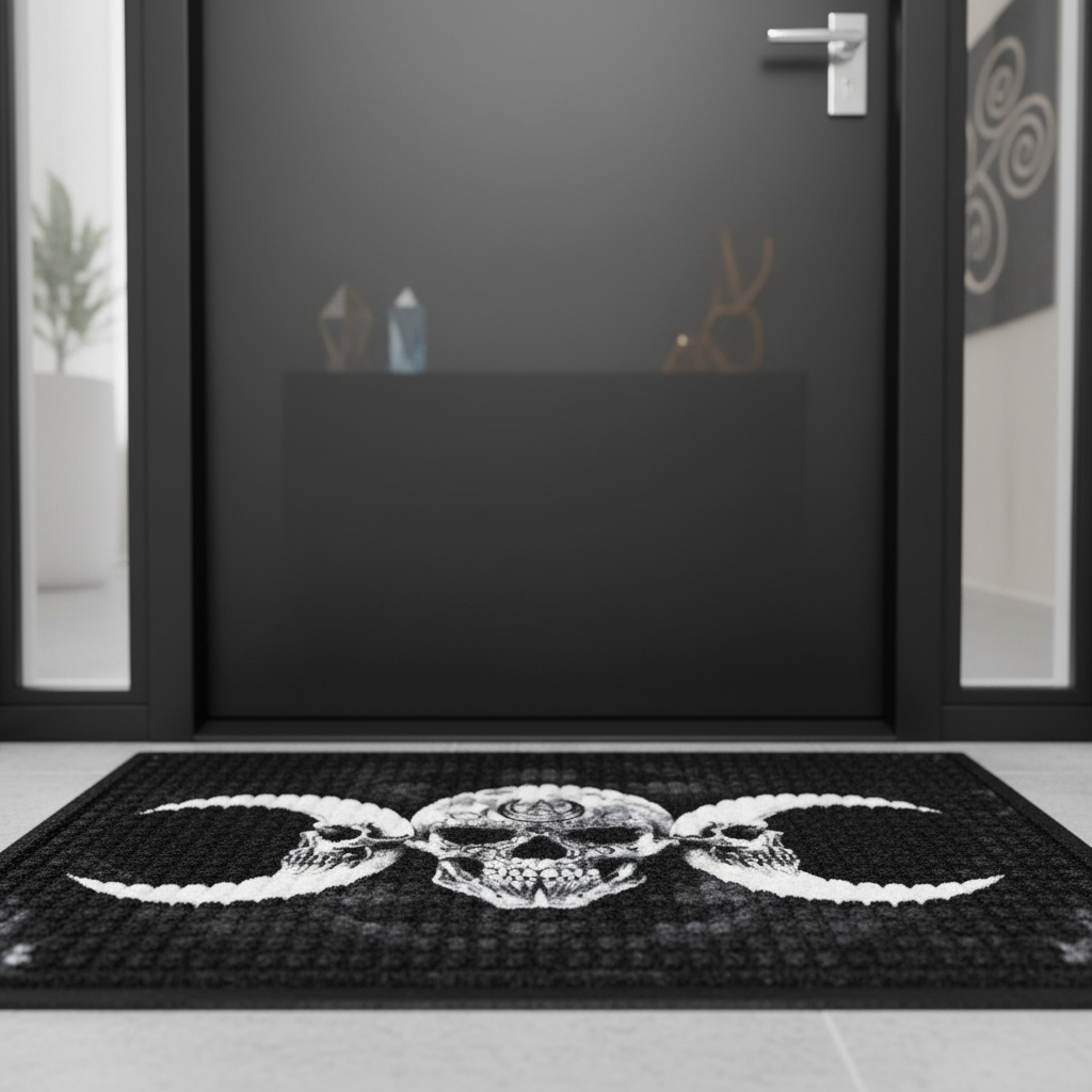 A high-resolution close-up shot of the Alchemy Doormat placed at a modern, metaphysical home’s entryway, captured with a softbox lighting setup to highlight the intricate mystical symbols etched into the doormat. The scene features a sleek, minimalist door